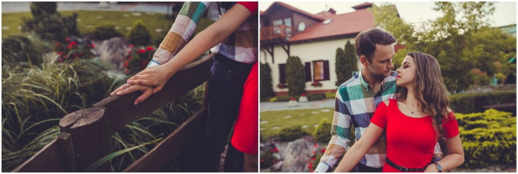 Sesja narzeczeńska w Osadzie Karbówko — co ubrać i zabrać? Para spaceruje przy zabudowaniach